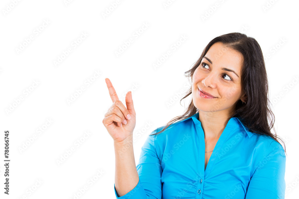 young woman pointing finger at blank copy space presenting young woman pointing finger at blank copy space presenting