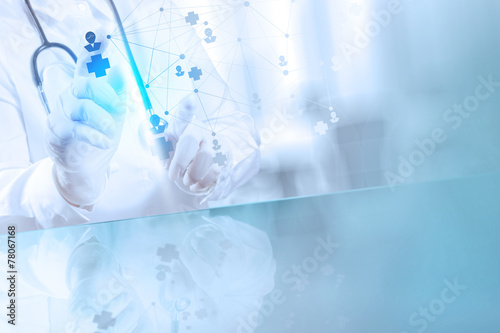 smart medical doctor hand showing network with operating room as