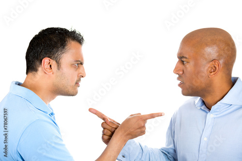 two angry guys pointing fingers at each other