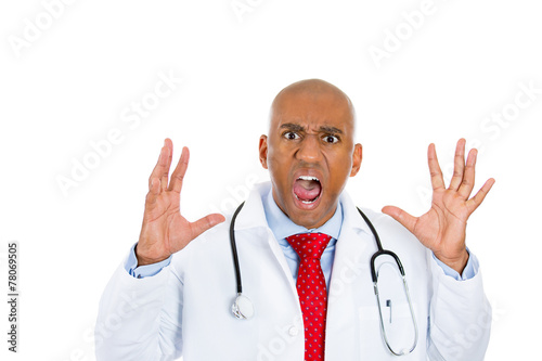 Portrait stressed upset worried young doctor 