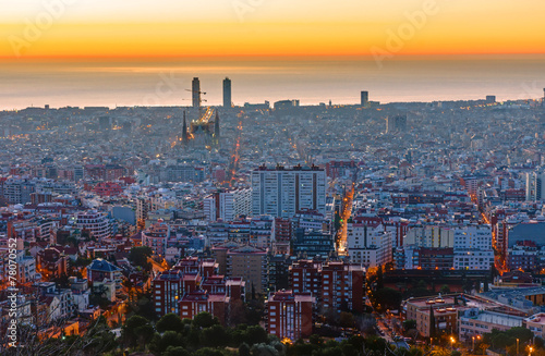 Barcelona before sunrise with the Mediterranean Sea in the back