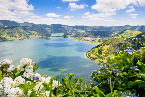 Lake of Sete Cidades with hortensia's, Azores photo