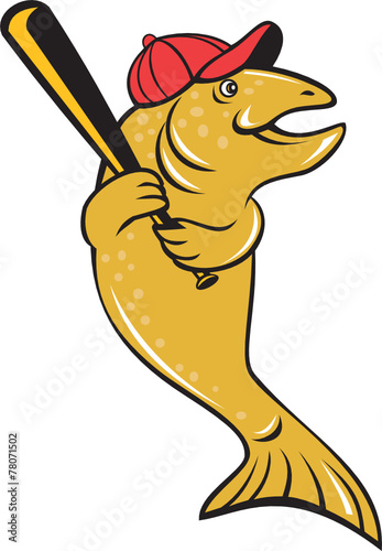 Trout Fish Baseball Player Batting Cartoon
