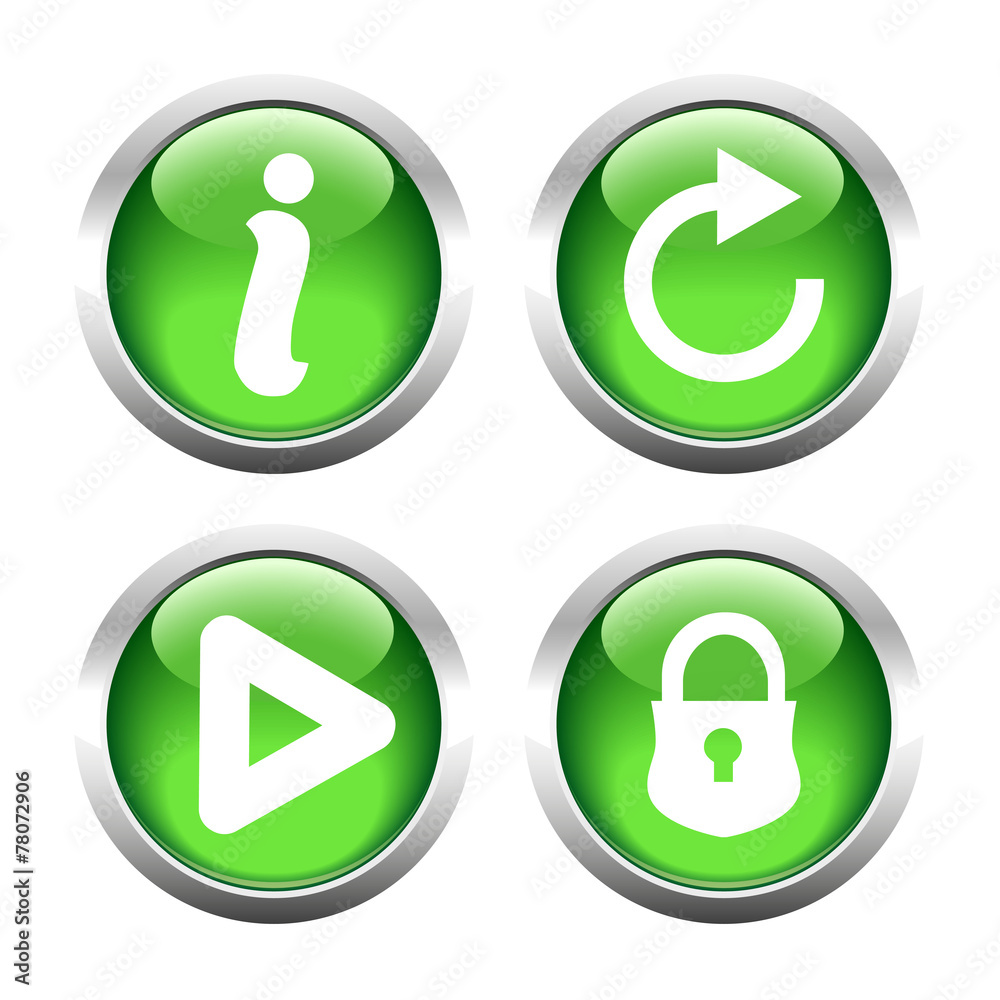 Set of buttons for web, information, play, reload, closed lock. Set of buttons for web, information, play, reload, closed lock.