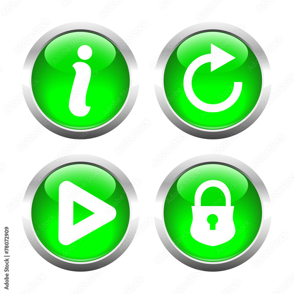 Set of buttons for web, information, play, reload, closed lock. Set of buttons for web, information, play, reload, closed lock.
