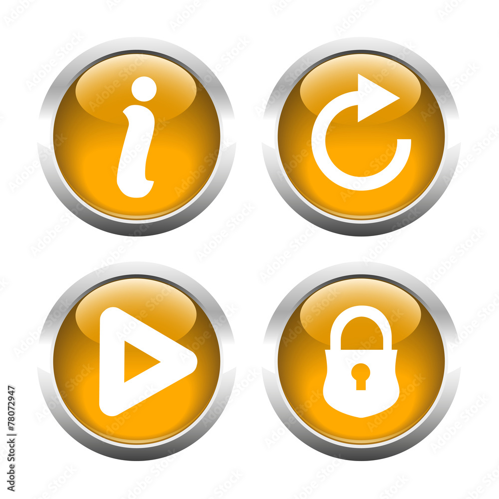 Set of buttons for web, information, play, reload, closed lock. Set of buttons for web, information, play, reload, closed lock.