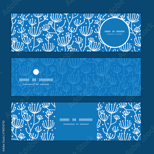 Vector blue white lineart plants horizontal banners set pattern