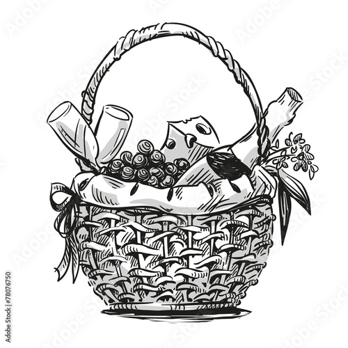 Picnic basket with snack. Hand drawn.