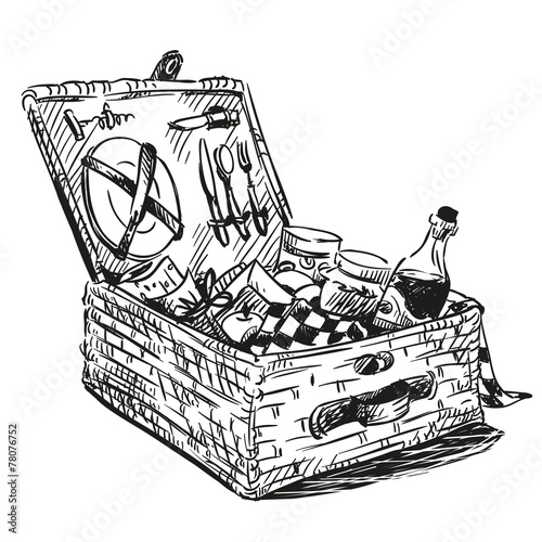Picnic basket with snack. Hand drawn.