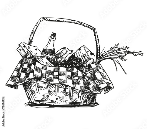 Picnic basket with snack. Hand drawn.