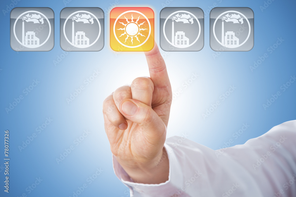 Finger Activating Yellow Solar Energy Icon On Blue Finger Activating Yellow Solar Energy Icon On Blue