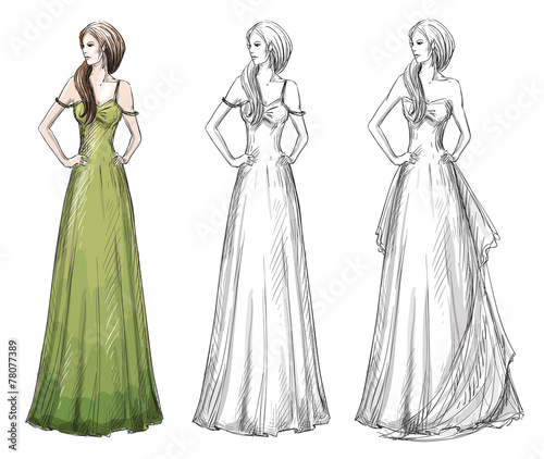 Fashion hand drawn illustration. Vector sketch. Long dress.
