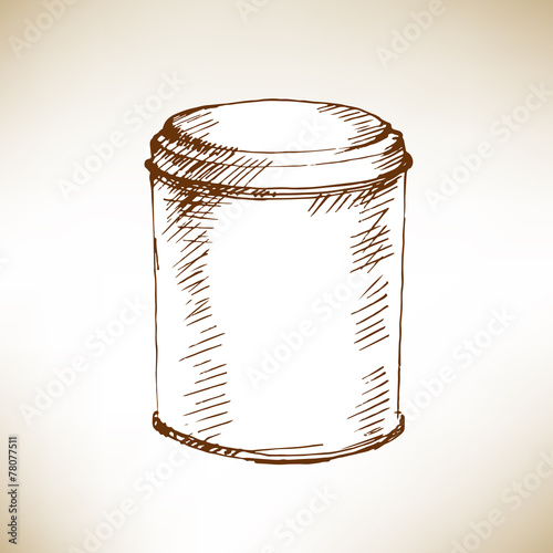 Round tin packaging. Sketch. Vector illustration.