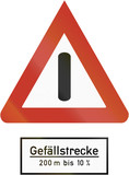 Old design (1937) of a German warning sign for general dangers (Allgemeine Gefahrstelle) with additional sign incline (Gefaellstrecke)