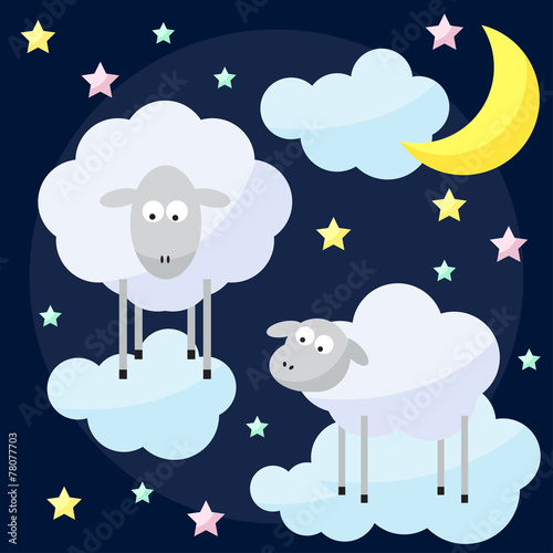 Funny vector background with cartoon moon, clouds, stars and she