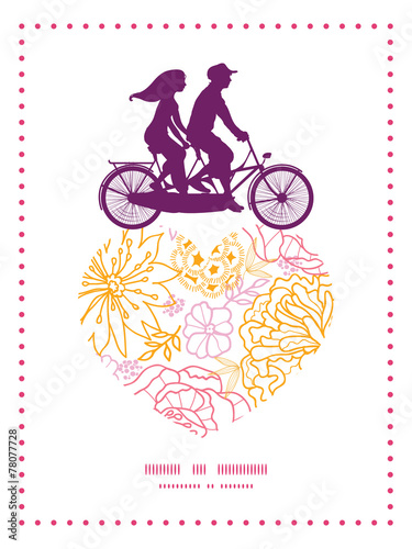 Vector flowers outlined couple on tandem bicycle heart