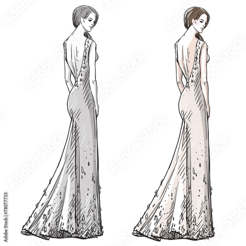 Fashion hand drawn illustration. Vector sketch. Long dress.
