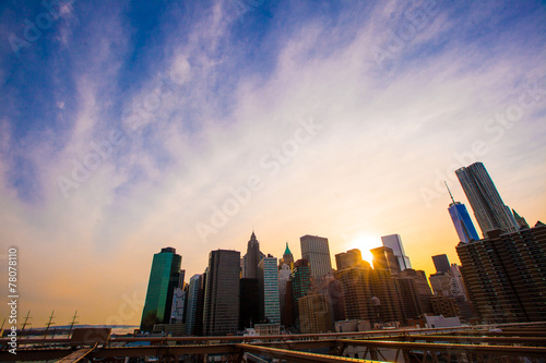 Beautiful view of New York from Brooklyn Bridge at sunset