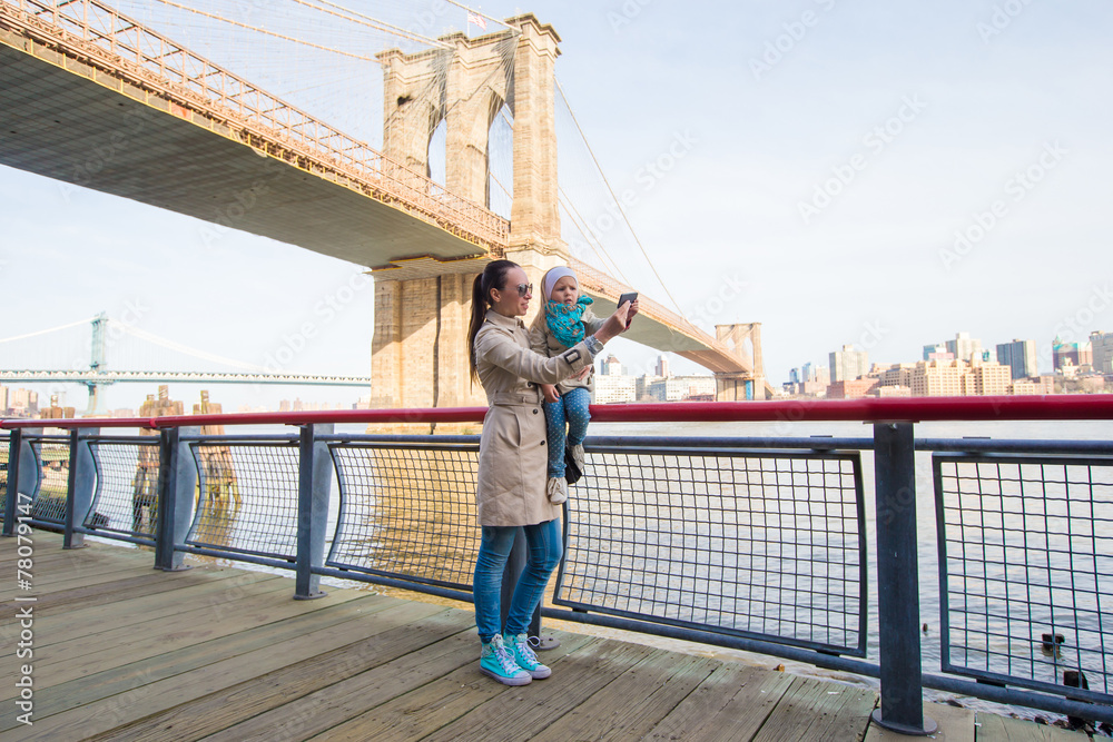 Mother and adorable little daughter photographing themselves on