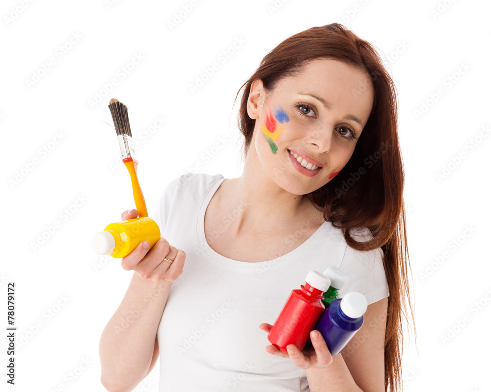Young woman with paints and paintbrush. Young woman with paints and paintbrush.