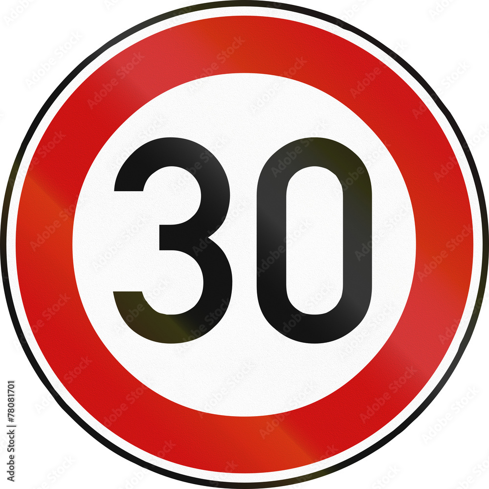 German traffic sign restricting speed to 30 kilometers per hour German traffic sign restricting speed to 30 kilometers per hour