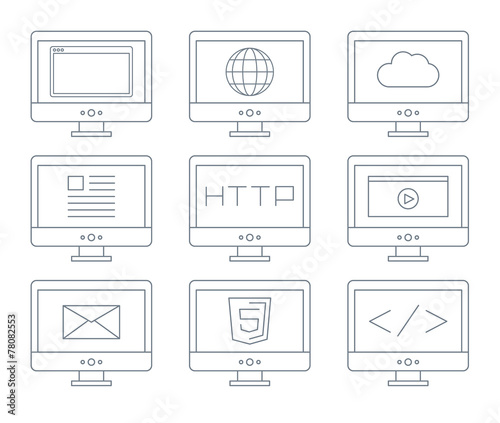 Internet icon set, simple flat grey line contour