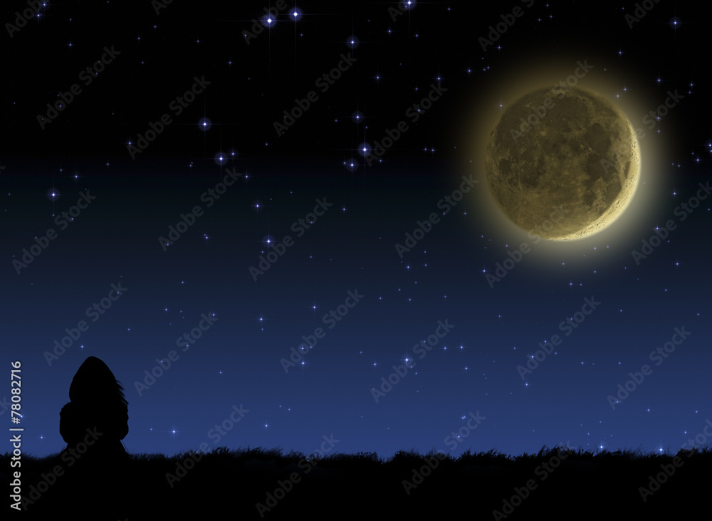Obraz premium Girl sitting on a meadow and watching moonset on a starry skies.