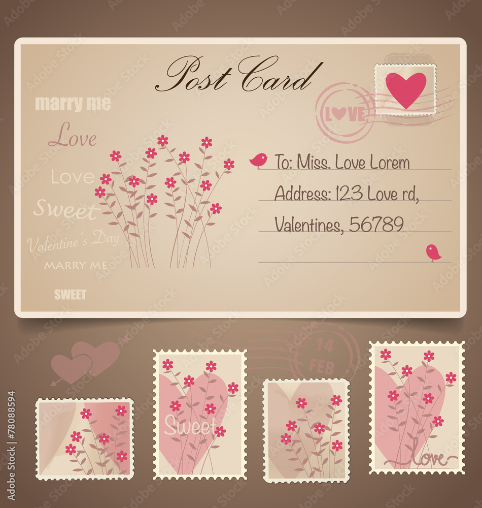 Vintage postcard background and Postage Stamps - for wedding car
