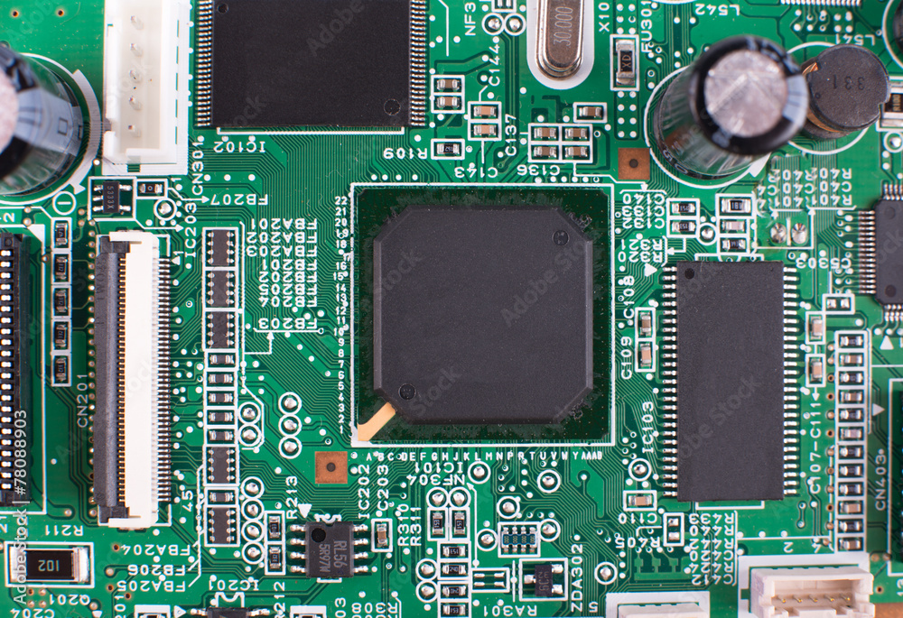 Electronic circuit board with chips and transitors Electronic circuit board with chips and transitors