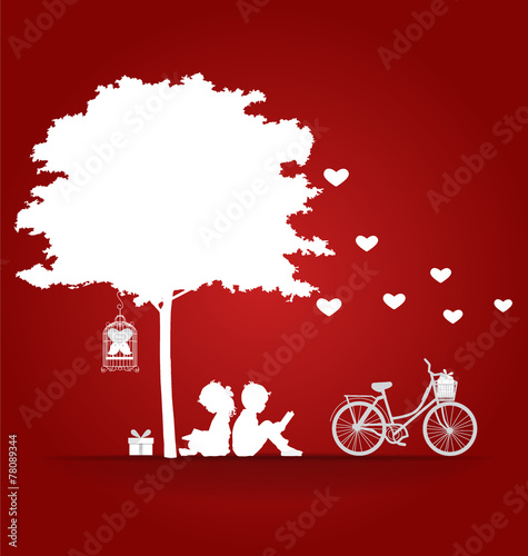 Valentine background with children read a book under tree. Vecto