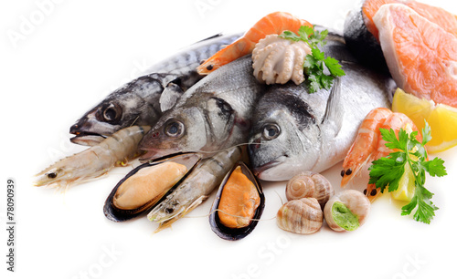 Fresh fish and other seafood isolated on white
