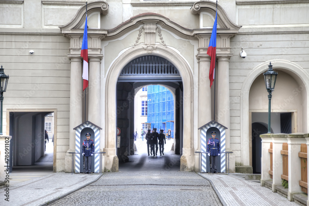 Sentinels on an entrance and Prague Castle