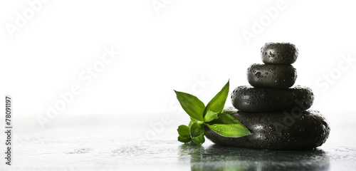 Still life of spa stones on wet glossy surface isolated on