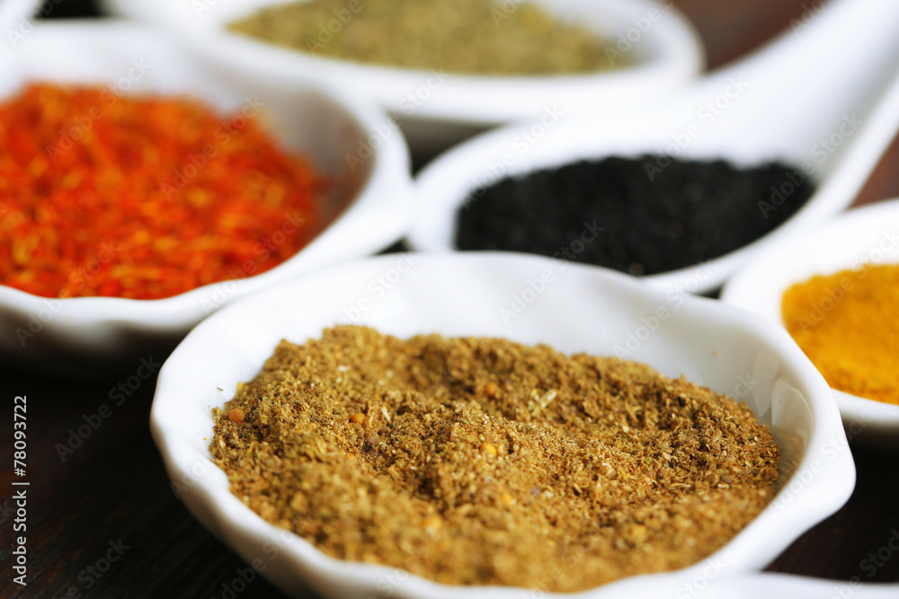 Different kinds of spices in ceramics spoons, close-up, Different kinds of spices in ceramics spoons, close-up,