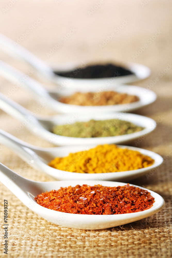 Different kinds of spices in ceramics spoons, Different kinds of spices in ceramics spoons,