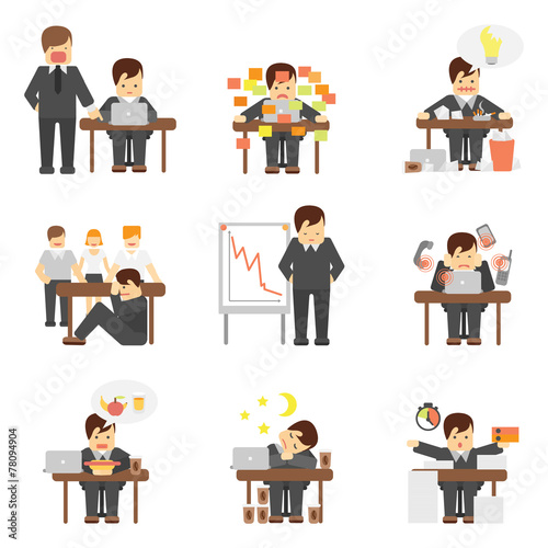 Stress at work icons set