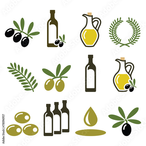Olive oil, olive branch icons set