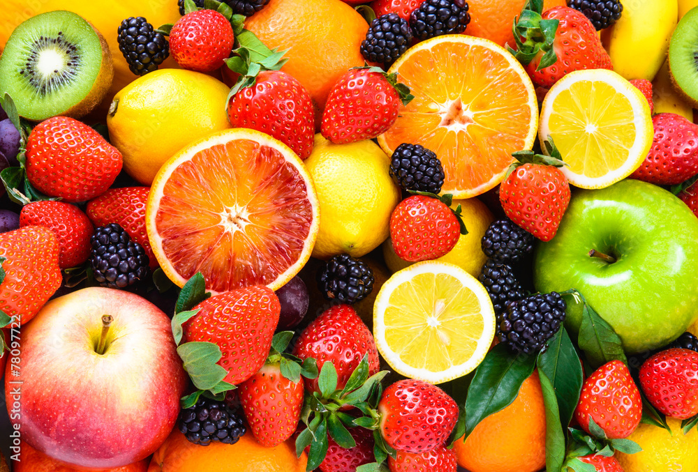 Fresh fruits mixed.Tasty fruits background. - obrazy, fototapety, plakaty 