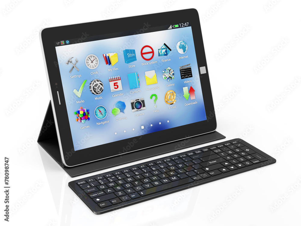 Modern Black Tablet PC on Stand with Keyboard Modern Black Tablet PC on Stand with Keyboard