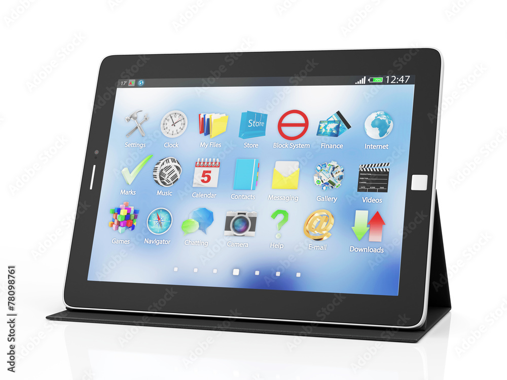 Modern Black Tablet PC on Stand isolated on white background