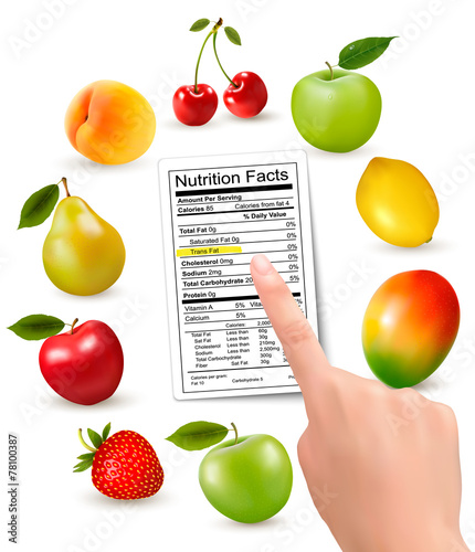 Fresh fruit with a nutrition facts label and hand. Vector