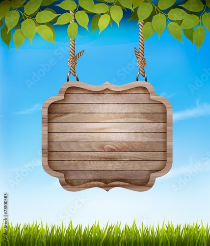 Natural background with leaves and a wooden sign. Vector.