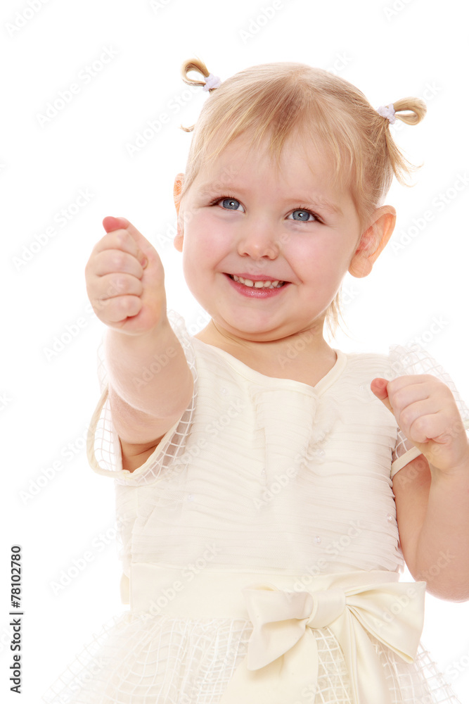 Closeup of happy joyful little girl stretched out his hand. Closeup of happy joyful little girl stretched out his hand.