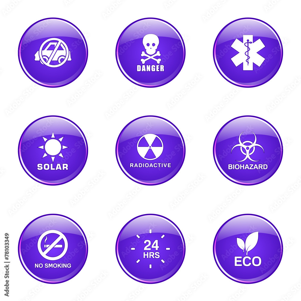 Warning Sign Violet Vector Button Icon Design Set Warning Sign Violet Vector Button Icon Design Set