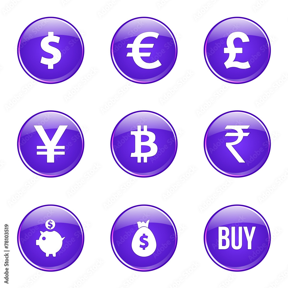 Currency Sign Violet Vector Button Icon Design Set Currency Sign Violet Vector Button Icon Design Set
