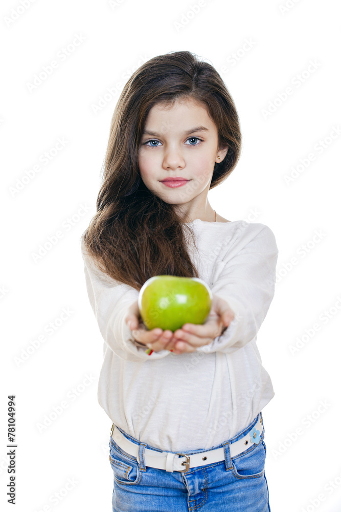 Portrait of a beautiful little girl holding a green apple Portrait of a beautiful little girl holding a green apple