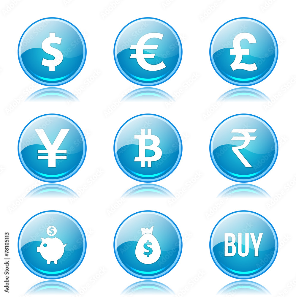 Currency Sign Blue Vector Button Icon Design Set Currency Sign Blue Vector Button Icon Design Set