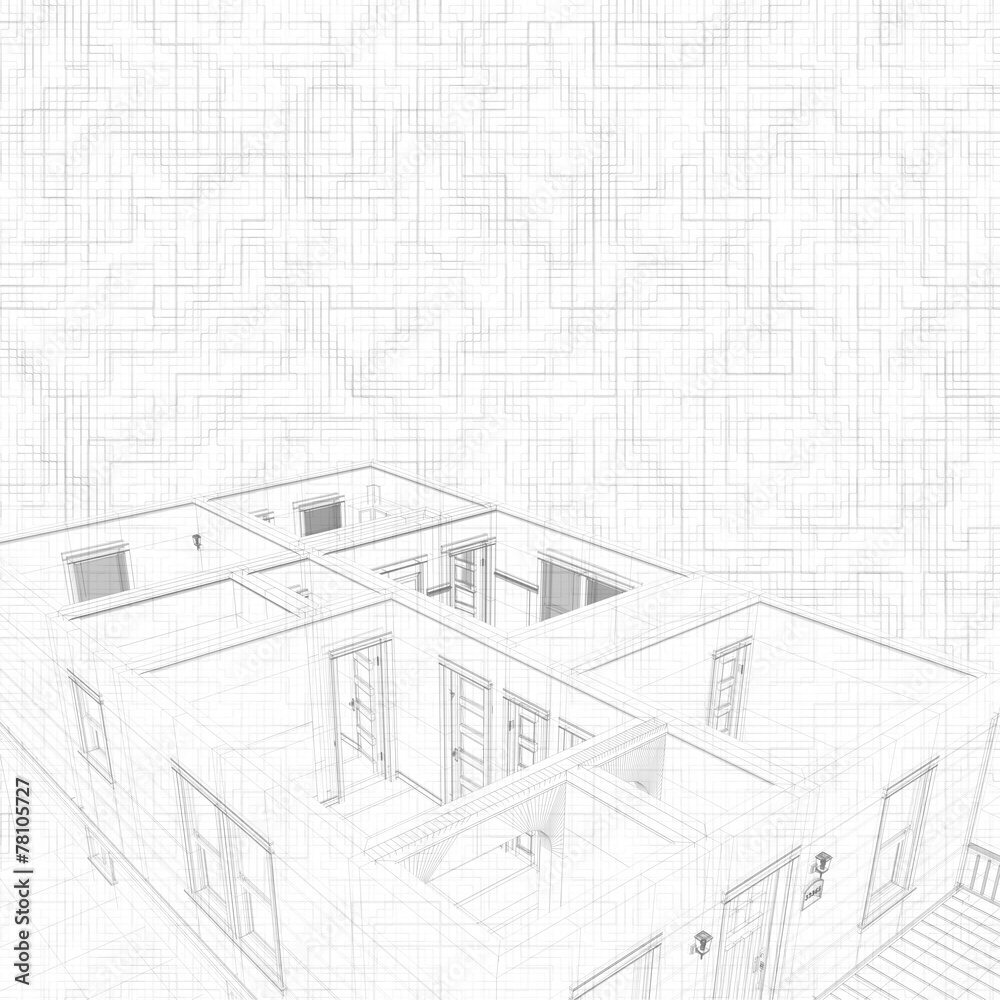 3d sketch of a house. Concept of architect project, architecture