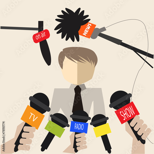 Man at a press conference over beirge color background