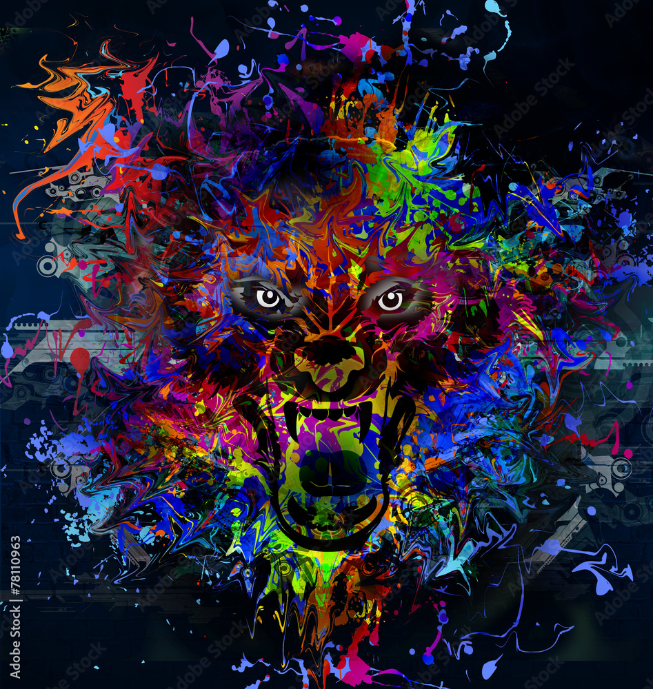Сердитая голова волка на красочном абстрактном фоне